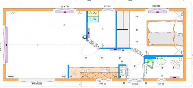 Grundriss Ausstellungsmodell 4,00 x 10,00 m mit 2 Schlafzimmern, Küchenzeile und Bad
